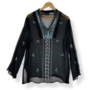 Carole Little Sheer 100% Silk Top Womens Size 1X Embroidered Artsy‎ Sequins Glam